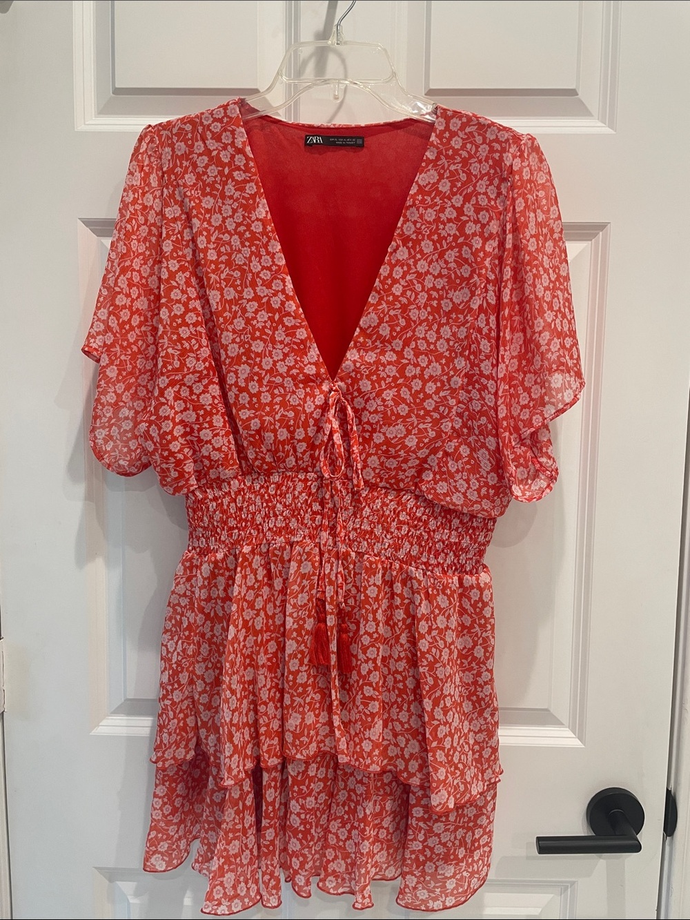 Zara Coral Red Floral V-Neck Ruffle Mini Dress